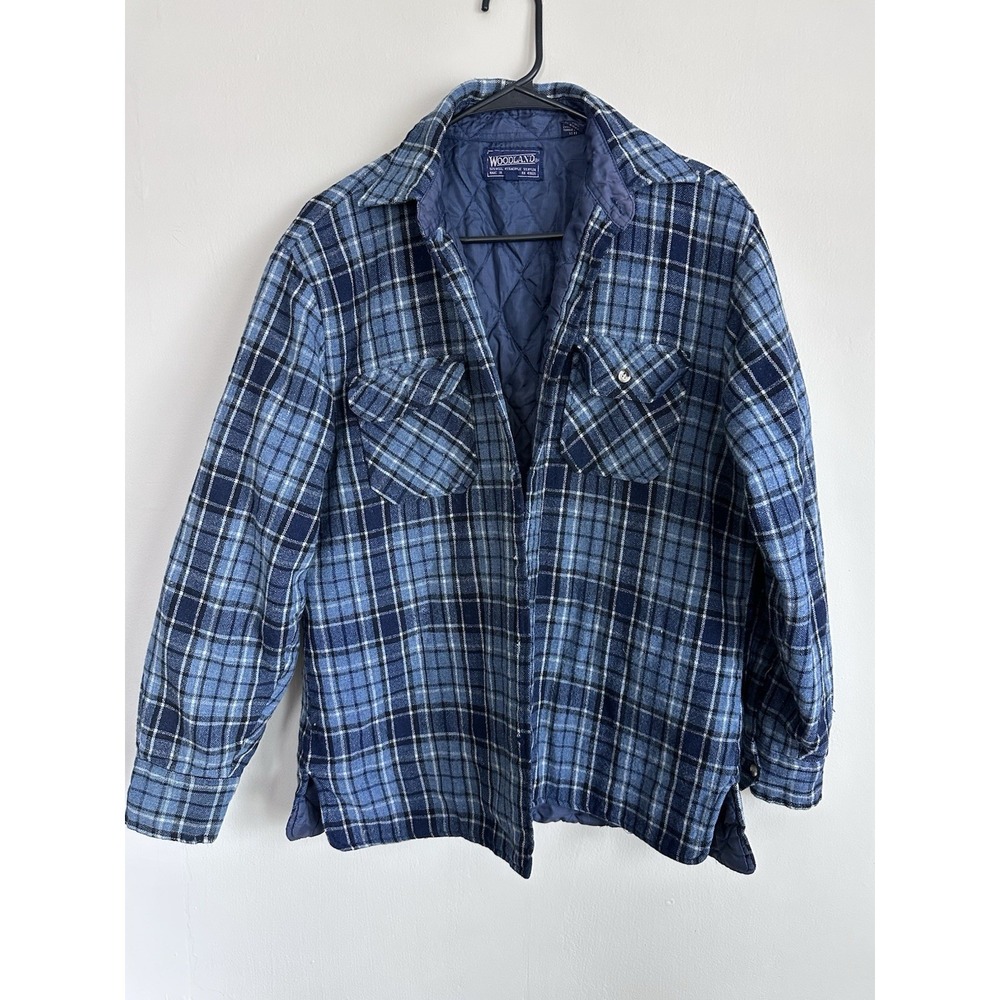 Vintage Woodland Jacket Mens Medium Blue Plaid Wool Quilted Flannel Workwear 80s